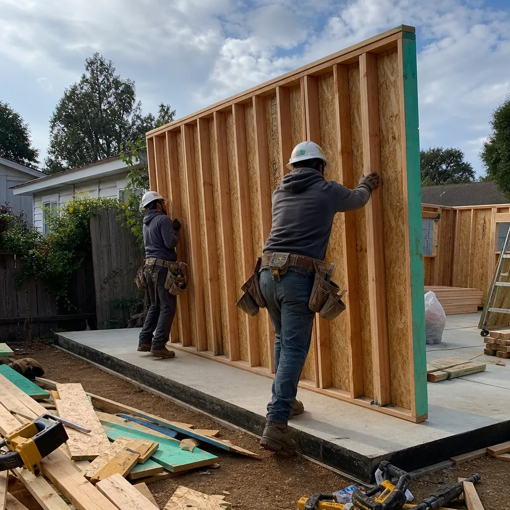 Two builders installing the wooden wall frame of an ADU