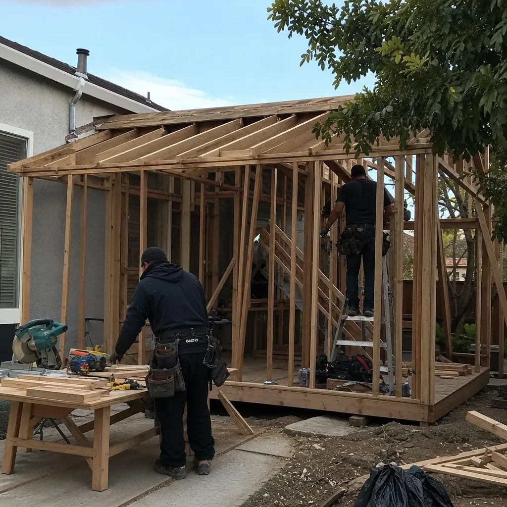 Contractors building a home addition frame in a residential backyard