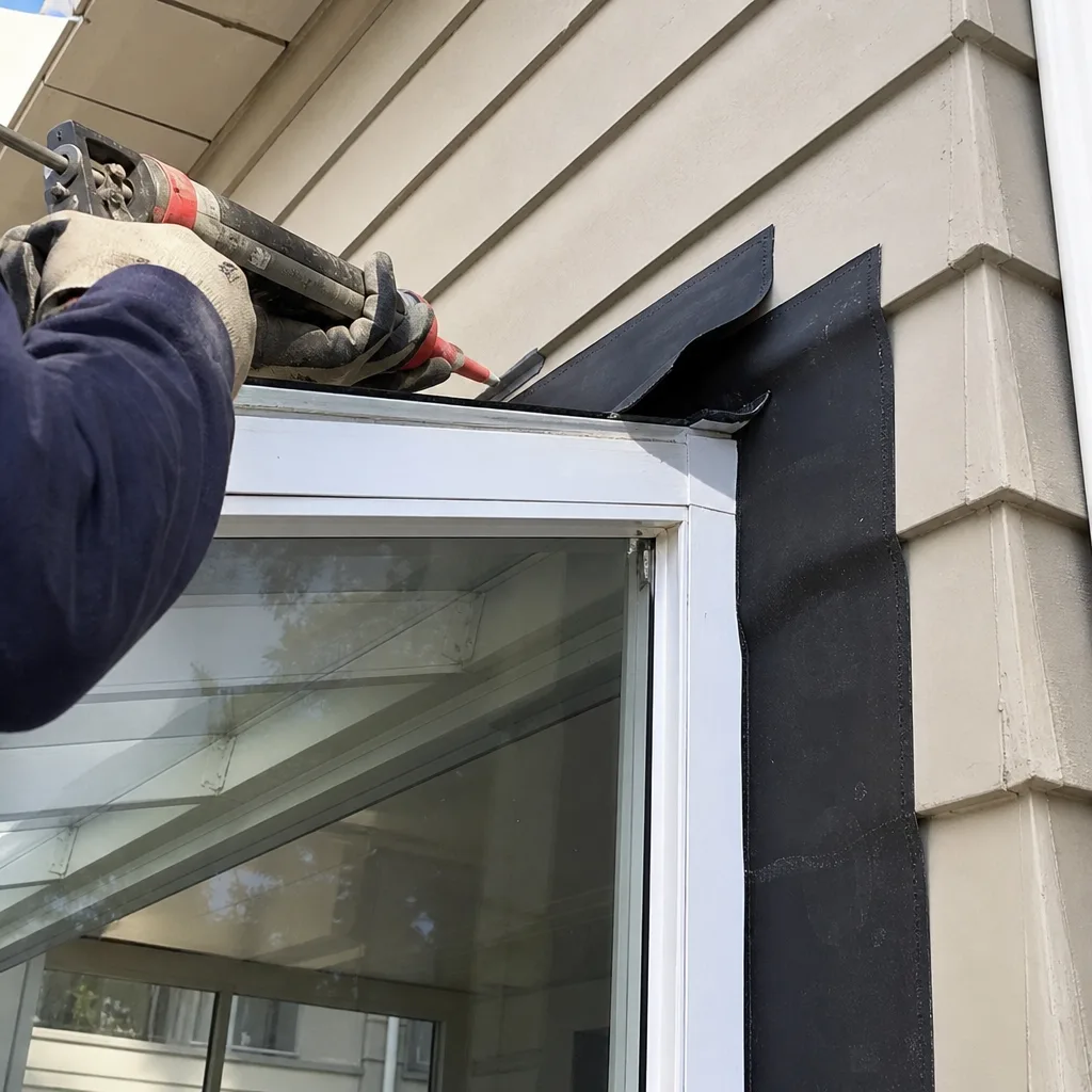 Contractor applying sealant to flashing on a home addition
