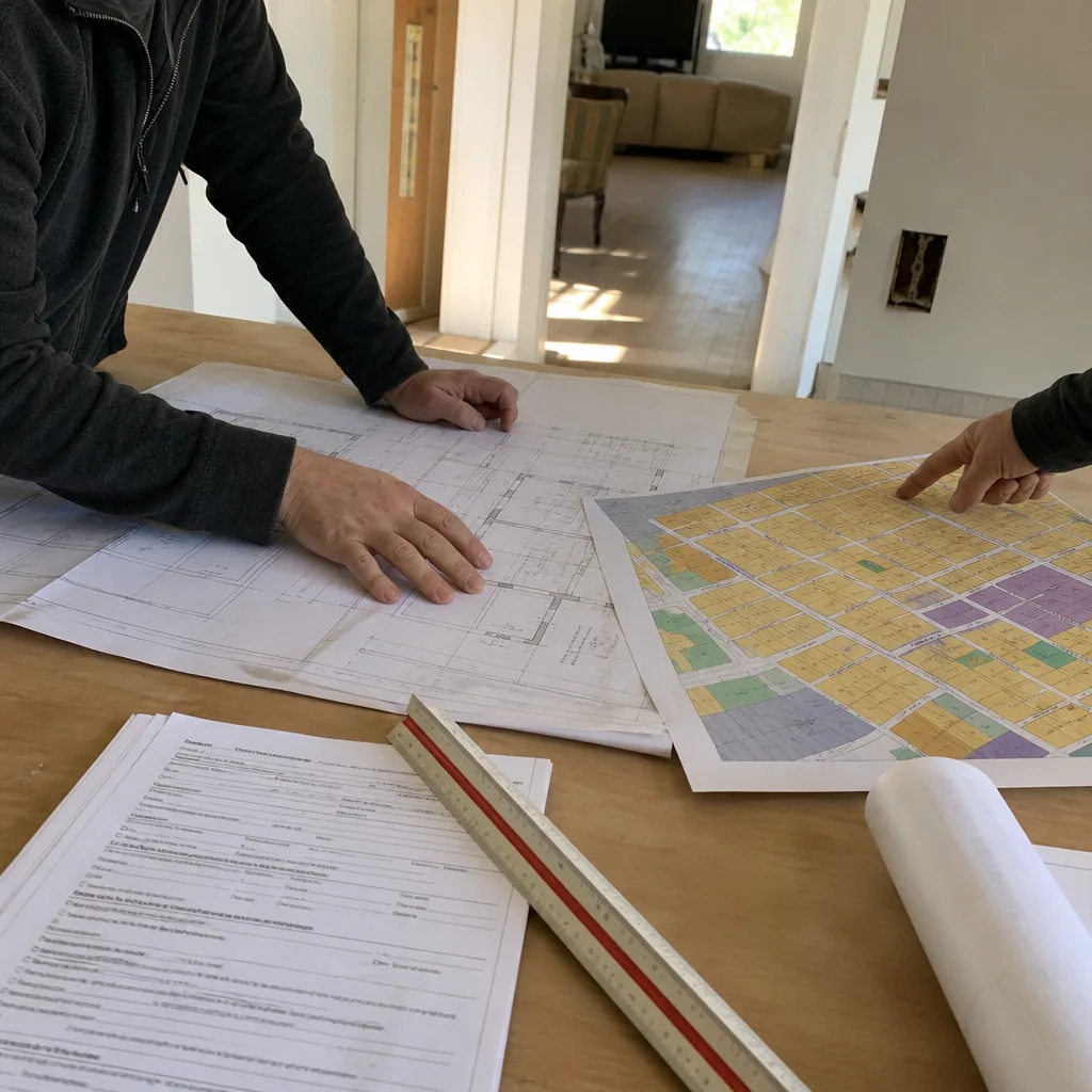 Contractors reviewing construction blueprints and site plans for a room addition