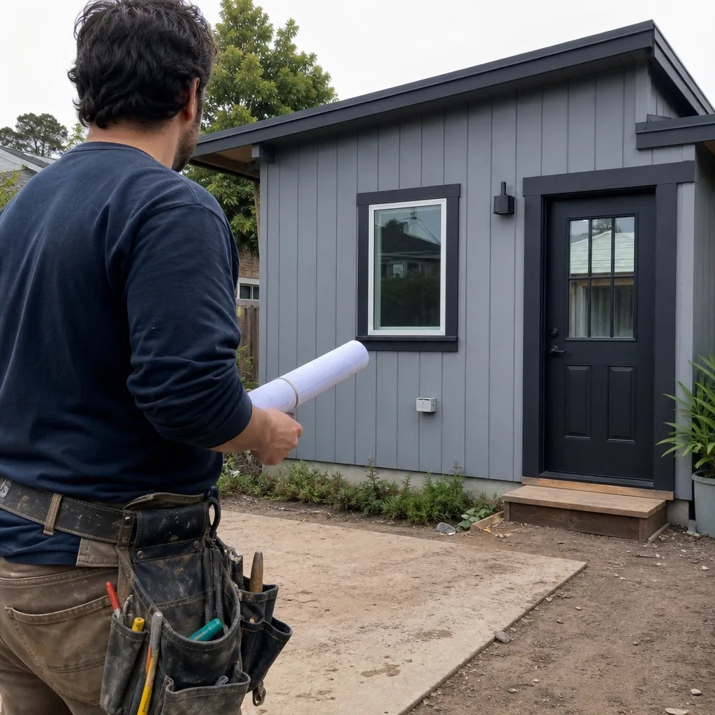 contractor with blueprints standing in front of a modern backyard ADU