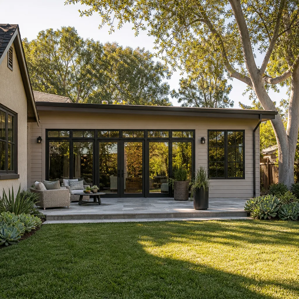 A single-story rear room addition with tall windows and a new patio